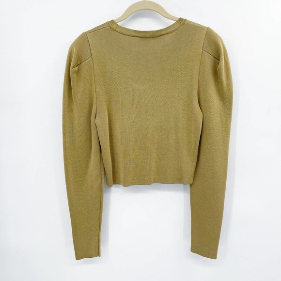 Zara Knit Cropped Sweater Gold Size M Long Puff Sleeve Pullover Crewneck Cotton - Picture 10 of 10